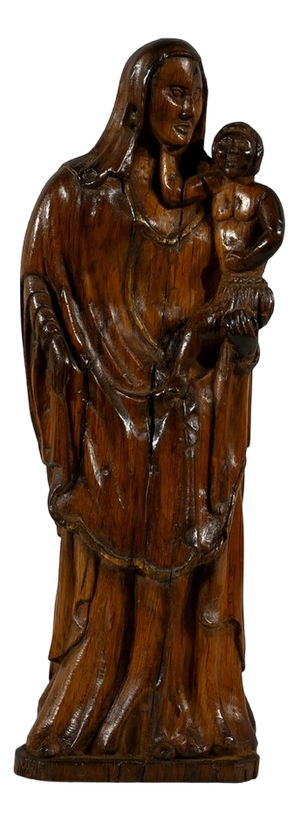 Olive Wood Virgin & Child Sculpture, Late 19th Century