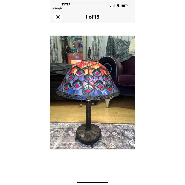 1990s 1990s Authentic Dale Tiffany Stained Glass Peacock Table Lamp Bronze Signed Pull Chain For Sale - Image 5 of 8