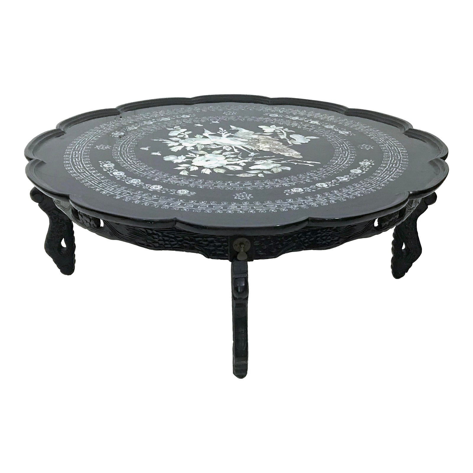 Vintage Oriental Black Lacquer and Inlaid Mother of Pearl Folding Round