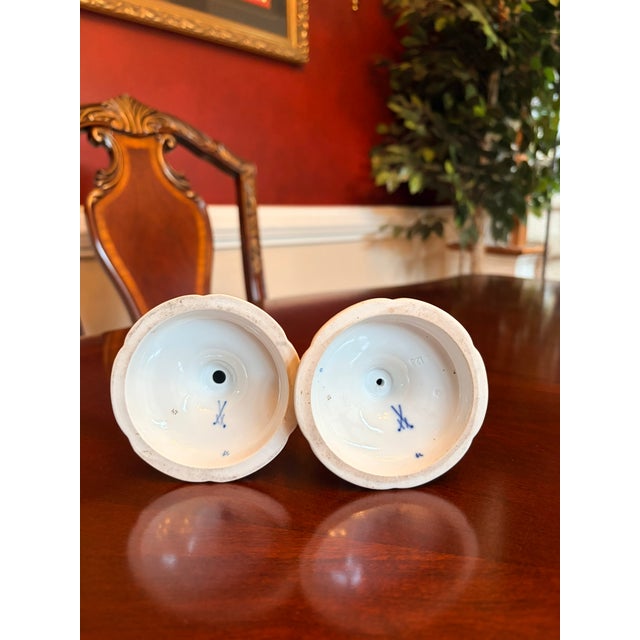 Ceramic Antique Meissen Porcelain Candlesticks Pair German Floral Rococo Candle Holders For Sale - Image 7 of 10