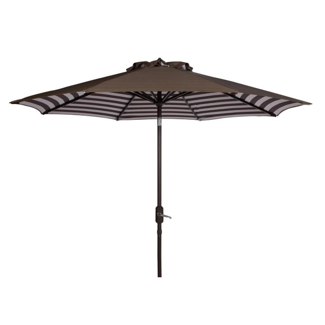 Inside Out Stripe 9 Ft Crank Outdoor Auto Tilt Umbrella in Brown & White For Sale - Image 4 of 4