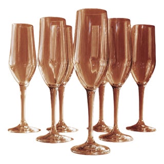 Vintage Champagne Glasses in Clear Glass with Stem and Flute Shape, 1990s, Set of 7 For Sale
