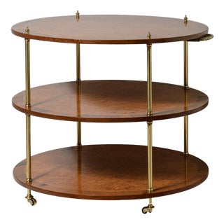 Italian 3 Tier Oval End Table on Casters in Burl Wood & Brass For Sale