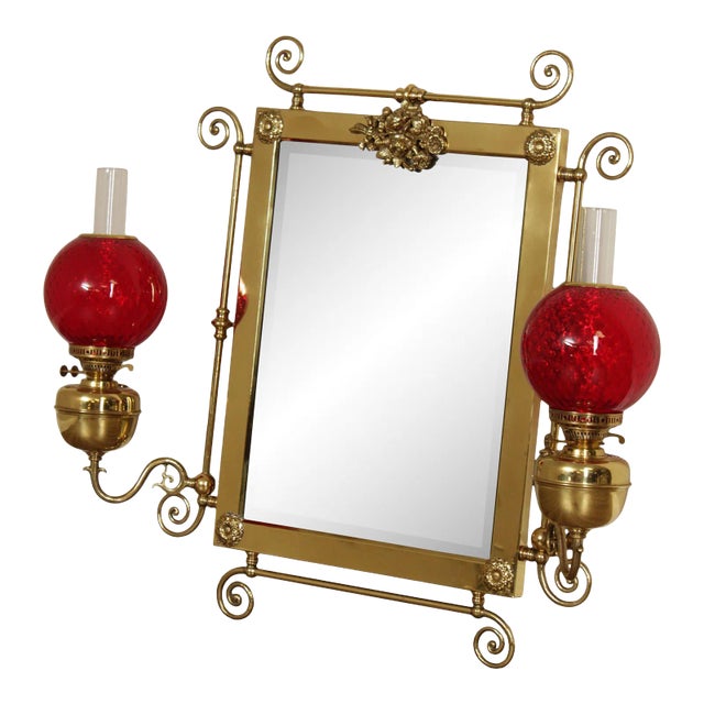Victorian Brass Oil Lamp Candelabra Wall Mirror For Sale