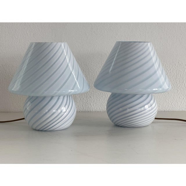 1970s Vintage Italian Mushroom Table Lamps in Blue Swirl Glass, 1970s, Set of 2 For Sale - Image 5 of 16