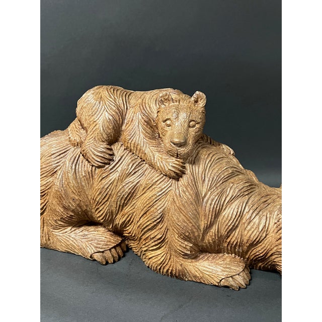 Vintage Large Hand Carved Wooden Bear and a Cub Sculptural Figure For Sale - Image 4 of 11