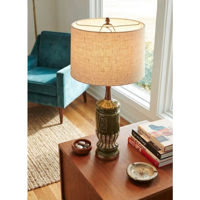 Vintage Mid Century Modern Olive Green Ceramic Table Lamp 1950s Retro Pottery Light For Sale - Image 11 of 12
