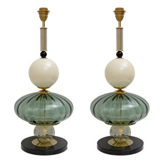 Geometric Murano Glass Table Lamps in Green and White from Sottsass, 2000, Set of 2 For Sale