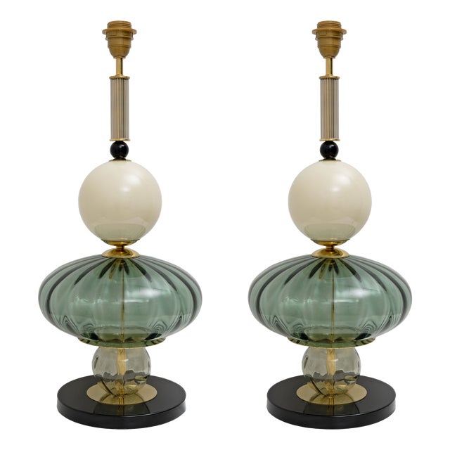 Geometric Murano Glass Table Lamps in Green and White from Sottsass, 2000, Set of 2 For Sale