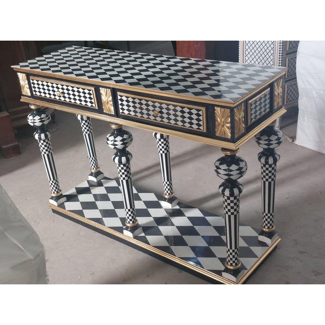 Traditional Vintage Harlequin Entryway Console Table Black & White Hollywood Regency For Sale - Image 3 of 9