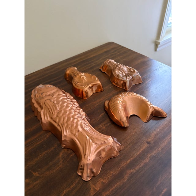 French Country Collection of Four Coastal Copper Fish and Lobster Molds For Sale - Image 3 of 6