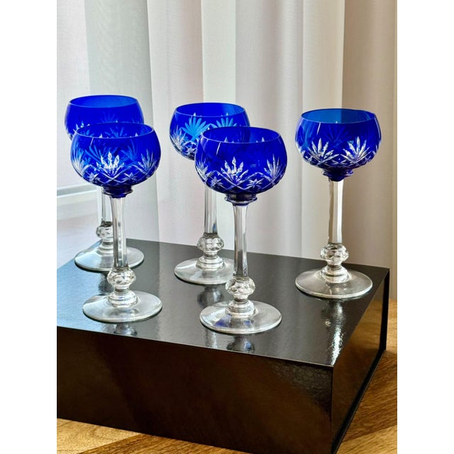 Cobalt Blue Massenet Crystal Hock Glasses by Saint-Louis, 1920, Set of 5 For Sale - Image 15 of 15