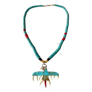 22" Vintage Mid-Century Native American Turquoise and Coral Necklace With Turquoise and Coral Eagle Pendant For Sale