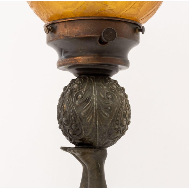 Art Deco Early 20th Century Art Deco Figural Amber Glass Globe Shade Lamp For Sale - Image 3 of 10