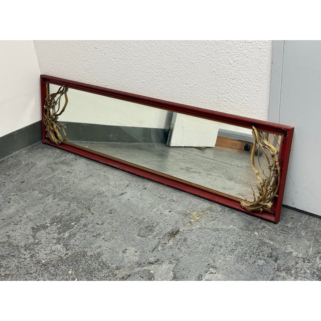 Asian-Inspired Red + Gilt Botanical Wall Mirror, Vintage For Sale - Image 11 of 12