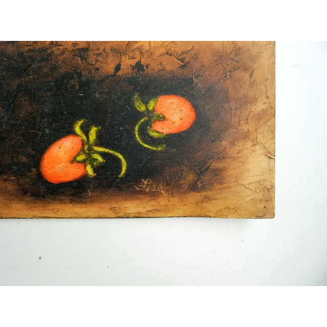 Oil on Masonite strawberry still life long format painting. Signed illegibly lower right corner. Unframed.