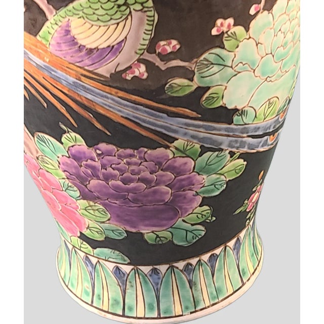 Vintage Asian Hand Painted Colorful Pottery Vase Mystical Good Luck Phoenix Birds Floral. For Sale - Image 6 of 11