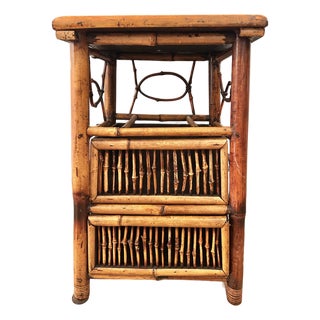 Vintage Scorched Bamboo & Rattan Storage Side Table With 2 Drawers For Sale