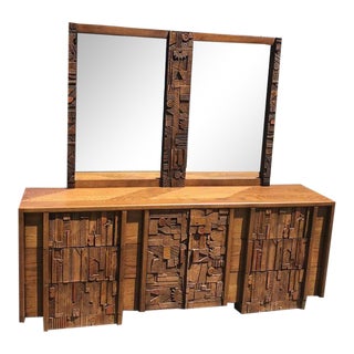 Lane Pueblo Paul Evan Style Brutalist Triple Dresser With Mirror For Sale