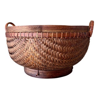Mid-20th Century Finely Handwoven Rattan Pedestal Centerpiece Basket Bowl For Sale