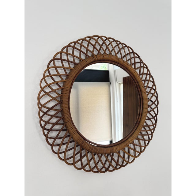 Mid-century modern design Italian round wall mirror with rattan bamboo frame 1960s