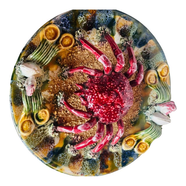 Circa 1880 Portuguese Palissy Ware Majolica Crab Plate by José A. Cunha For Sale