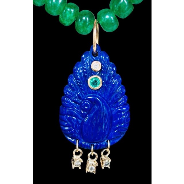 Metal Lapis Peacock Pendant With Emeralds, Diamonds & 14k Gold For Sale - Image 7 of 13