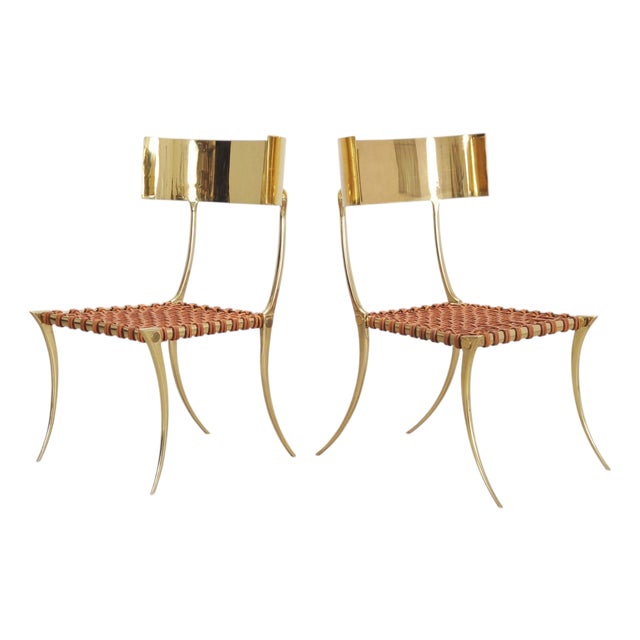 Pair of Brass Leather Strap Klismos Chairs by Sylvan S. F. For Sale