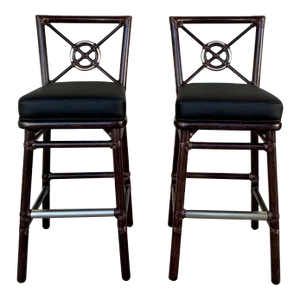 Baker / McGuire Modern Black Leather Target Bar Stools Pair
