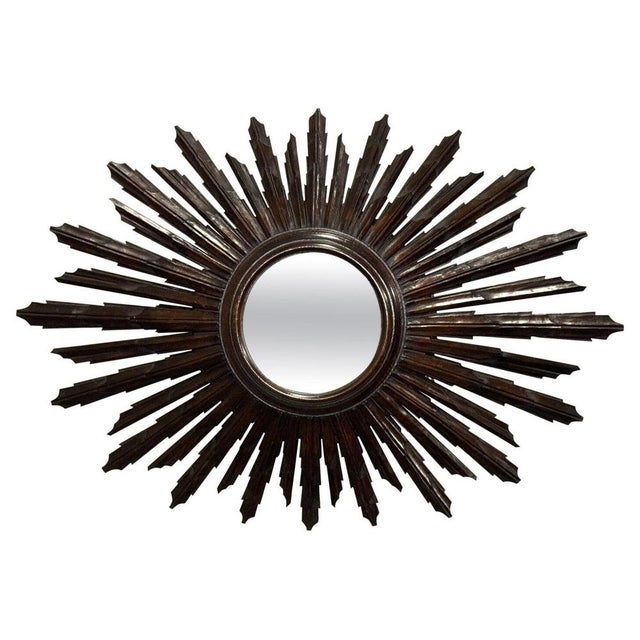 Vintage Spanish Wooden Sunburst Brown Convex Wall Mirror, 1940 For Sale - Image 11 of 11