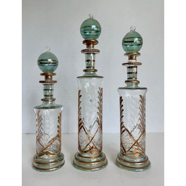 Glass Vintage Set of 3 Hand-Blown Glass Perfume Apothecary Bottles and Stoppers For Sale - Image 7 of 11