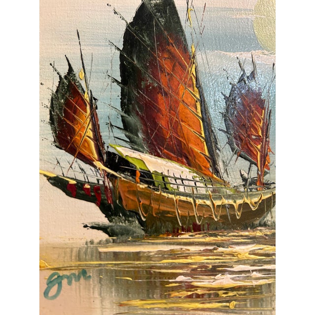 Mid 20th Century Mid Century Oil on Board Chinese Junk Boats Painting For Sale - Image 5 of 9