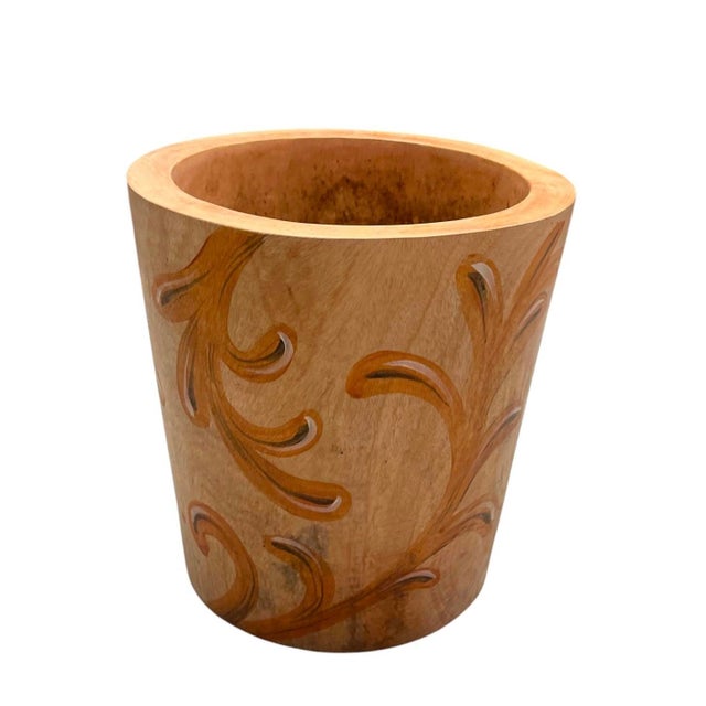Rustic European Vintage Hand-Painted Turned Wood Cachepot / Planter For Sale - Image 3 of 12