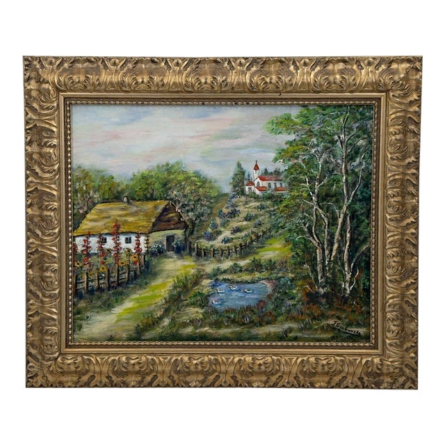 Vintage Original Oil Painting European Village Landscape Cottage Hollyhocks For Sale