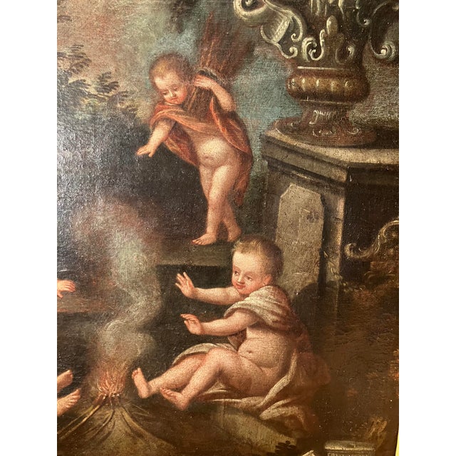 Wood Italian School, 1600s, Allegory of Winter, Putti, Cherubs Still Life, 1800s, Oil on Canvas & Wood & Gold Leaf, Framed For Sale - Image 7 of 10