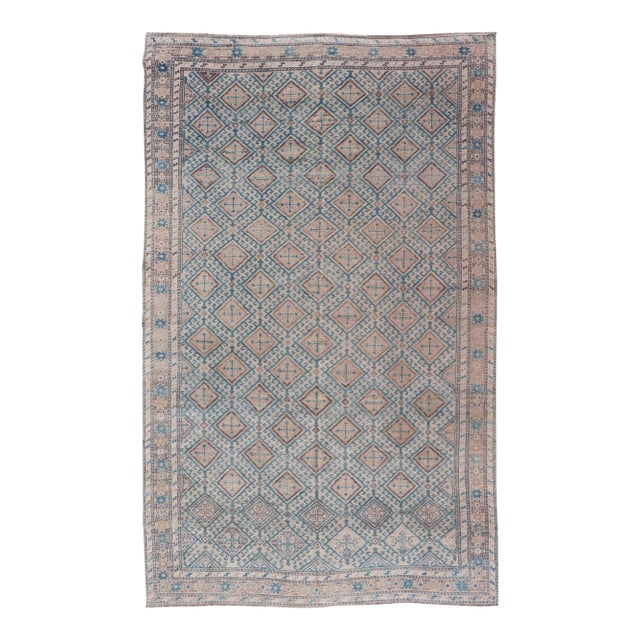 Antique Persian Tribal Kurdish Rug With Light Blue Field and Geometric Design For Sale