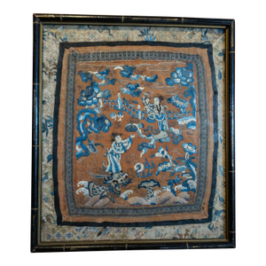 19th Century Chinese Silk Embroidered Textile Panel With Figures on Orange Ground