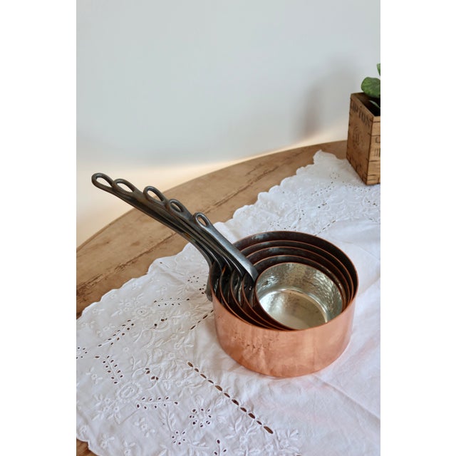 Vintage Hammered Copper Saucepans with Wrought Iron Handles, 1970s, Set of 5 For Sale - Image 4 of 12