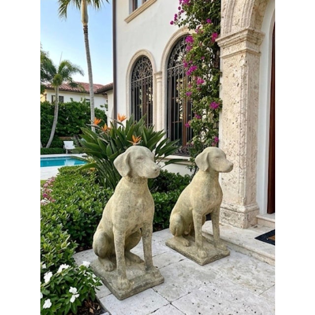 Pair of Vintage Weathered Cast Stone Seated Hound Garden Statues For Sale - Image 10 of 11