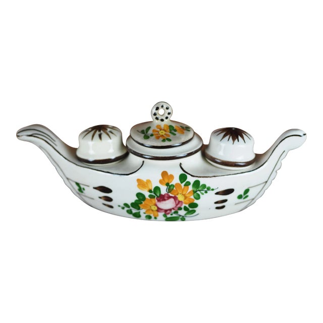 Mid 20th Ceramic Mustard Pot, Pepper Pot and Salt Cellar in the Shape of a Flowery Gondola For Sale