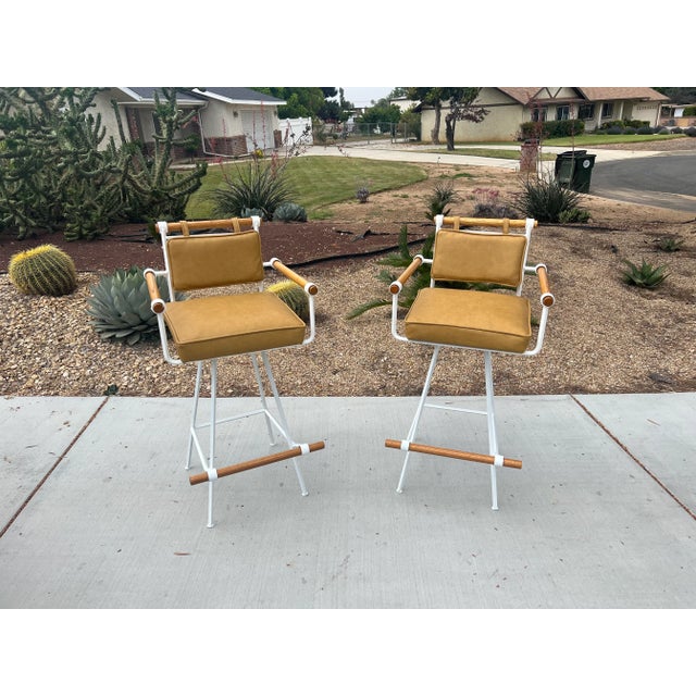 1960s Vintage Mid Century Modern Inca Attributed to Cleo Baldon Swivel Wrought Iron Oak Barstools - Set of 2 For Sale - Image 11 of 13