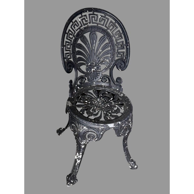 Shabby Chic Pair Vintage Cast Aluminum Patio Garden Chairs Greek Key Shell Back Black Metal For Sale - Image 3 of 7