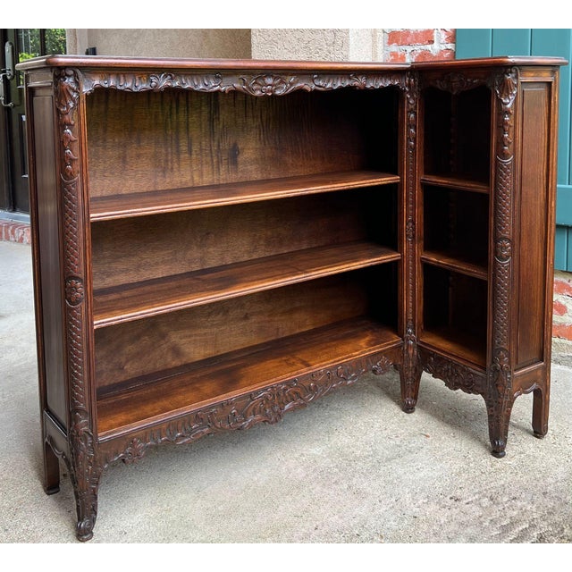 Antique French Corner Bookcase Carved Oak Louis XV Revival Open Shelves C1920 B For Sale - Image 4 of 18