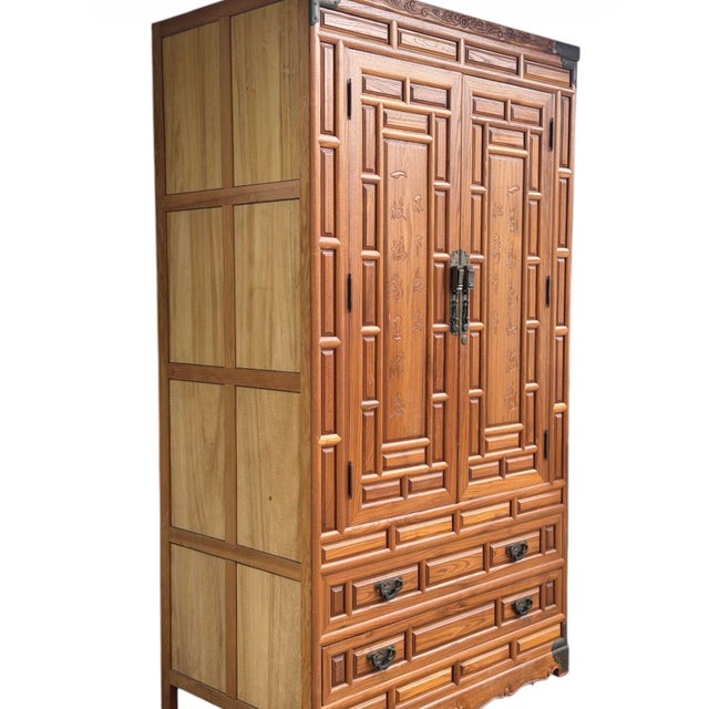 Chinoiserie Vintage Chinese Elm Elmwood Wedding Cabinet Armoire Prosperity Cabinet Chinoiserie Wardrobe With Interior Hanging Rail For Sale - Image 3 of 12