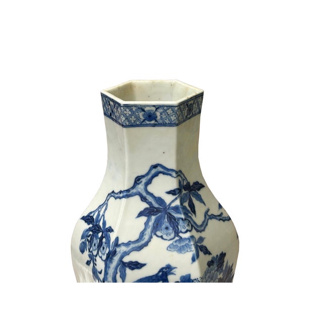 Vintage Chinese Blue White Hexagonal Flower Bird Porcelain Vase For Sale - Image 4 of 15