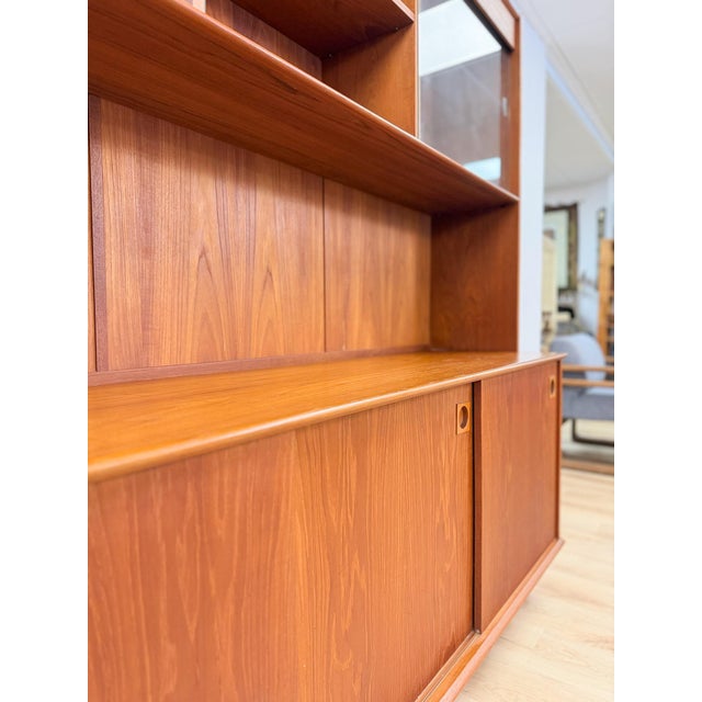 Wood MCM Teak 2 Piece China Cabinet Sliding Doors Shelves Vintage Buffet Storage For Sale - Image 7 of 17