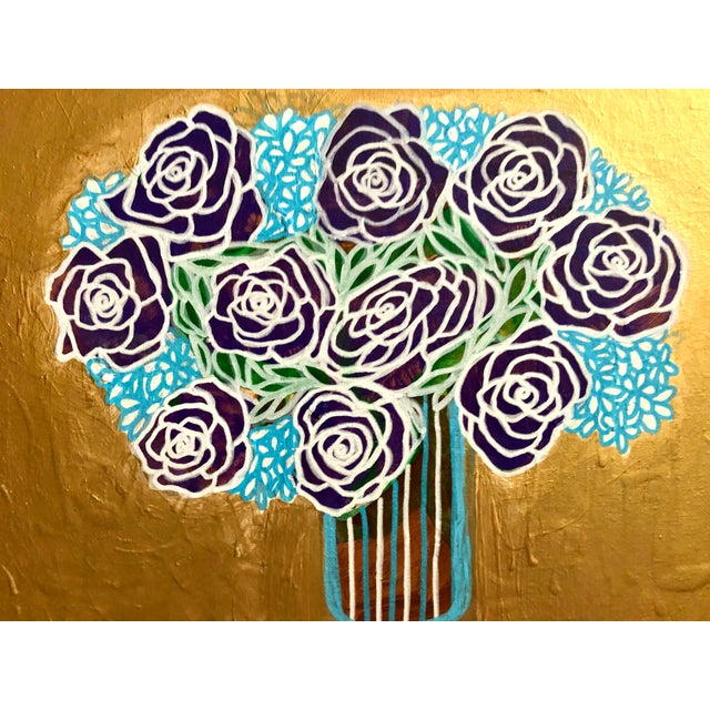Contemporary Original Painting on Canvas by CL Auker “Roses on Gold With Blue” For Sale - Image 3 of 9