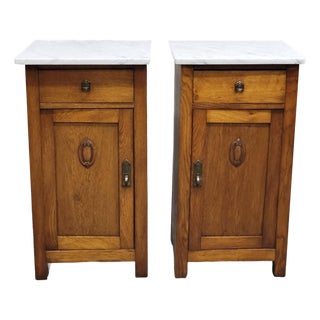 Antique French Oak Nightstands With Carrera Marble Tops - A Pair For Sale