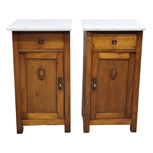 Antique French Oak Nightstands With Carrera Marble Tops - A Pair For Sale