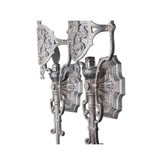 1920s Nickel Plated Brass or Bronze Spanish Revival Wall Sconces #2616 - a Pair For Sale - Image 4 of 9